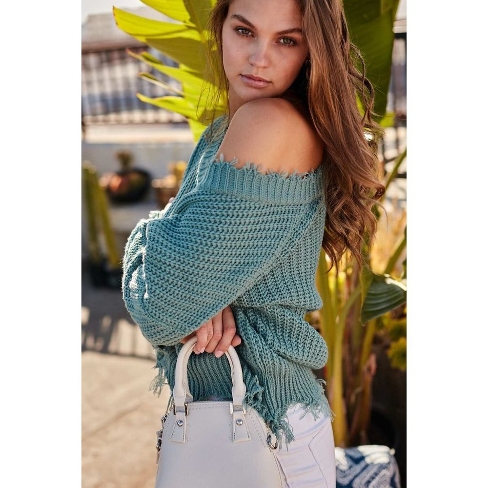 Main Strip Frayed V-Neck Sweater, Mineral Blue - Picture 4 of 7